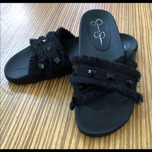 JS PLAYAH Fringe Studded Slip-on Slide Sandals